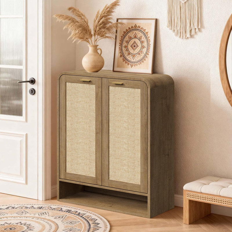 41" Tall Rattan Shoe Storage Cabinet, 24 Pairs Shoe Cabinet For Entryway,, Caramel Oak