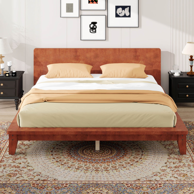 Base de lit plateforme double avec tête de lit et lattes en bois, Brun