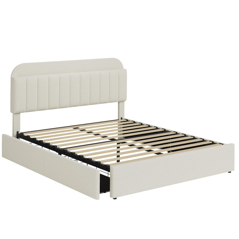 Bed Frame With Storage Headboard, Bed Frame With 2 Drawers, Beige, Queen