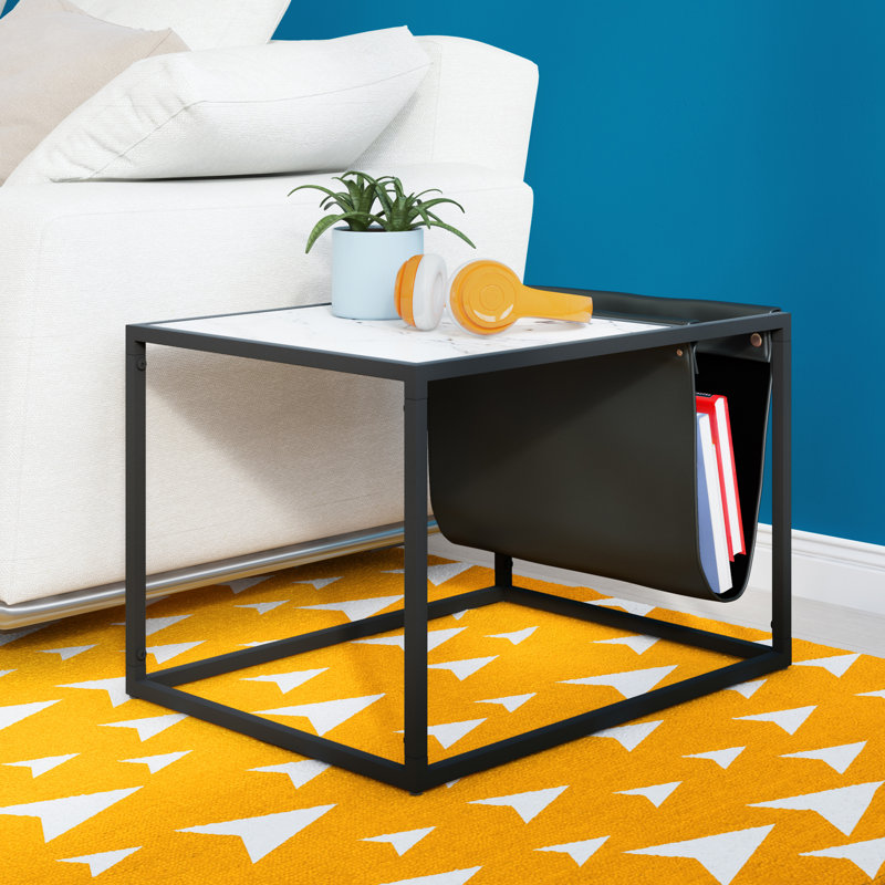 Wilson Black Metal and Marble Print Magazine Storage End Table