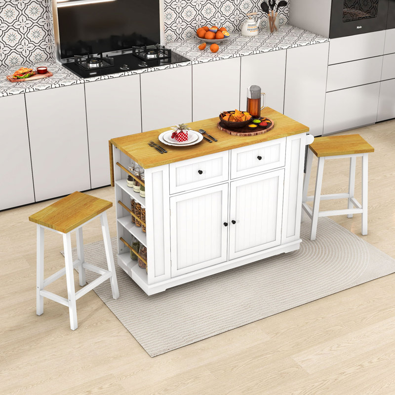 Rolling Kitchen Island Set with Drop Leaf, 2 Bar Stools, Power Outlet, 2 Drawers and Door Racks, White
