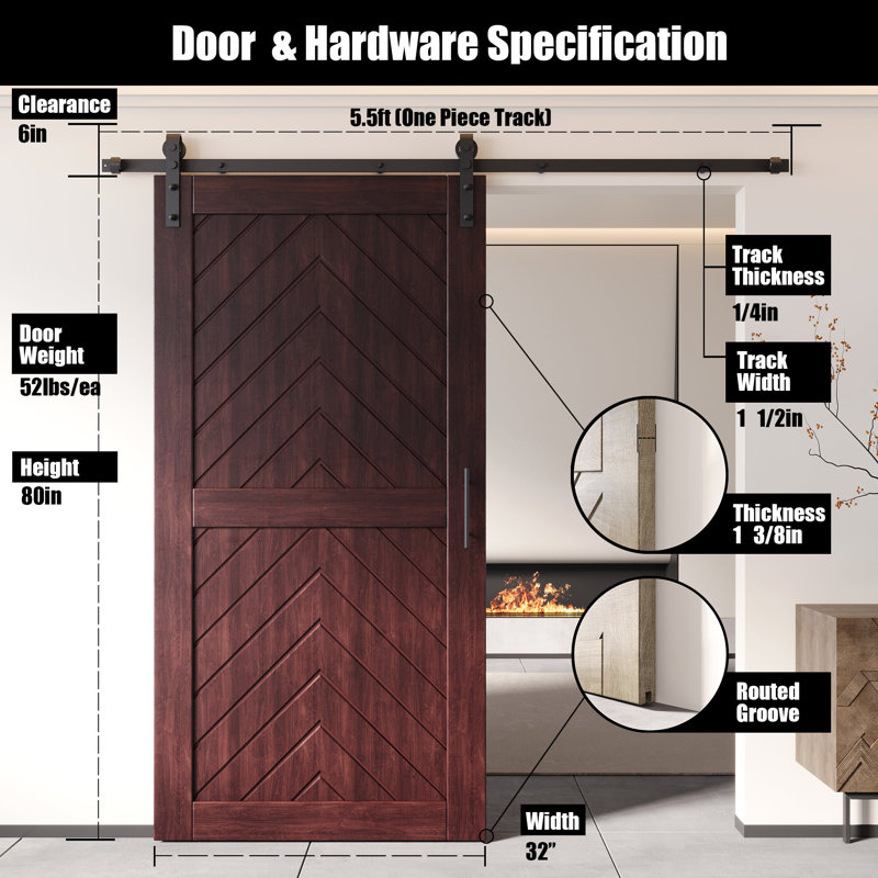 Porte de grange 4-en-1 fini et non assemblée en acajou rouge 32 po x 80 po Homacer Homacer, 32 po x 80 po