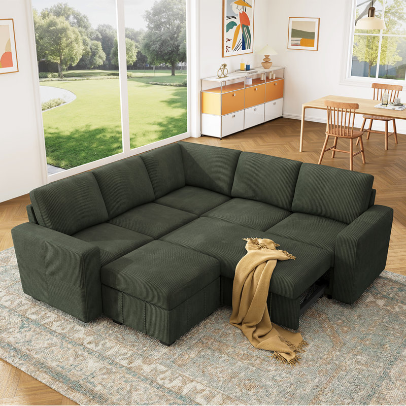 Abramson Corduroy Sleeper Sectional Sofa Bed With Ottoman, Green Corduroy