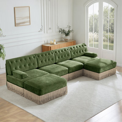 4-Seater With 2 Ottomans Cloud Modular Sectional,Tassel Skirt,Button Tufted Design,High-Density High Resilience Foam,Ergonomic Design,Premium Wooden Base,For Living Rooms Bedroom