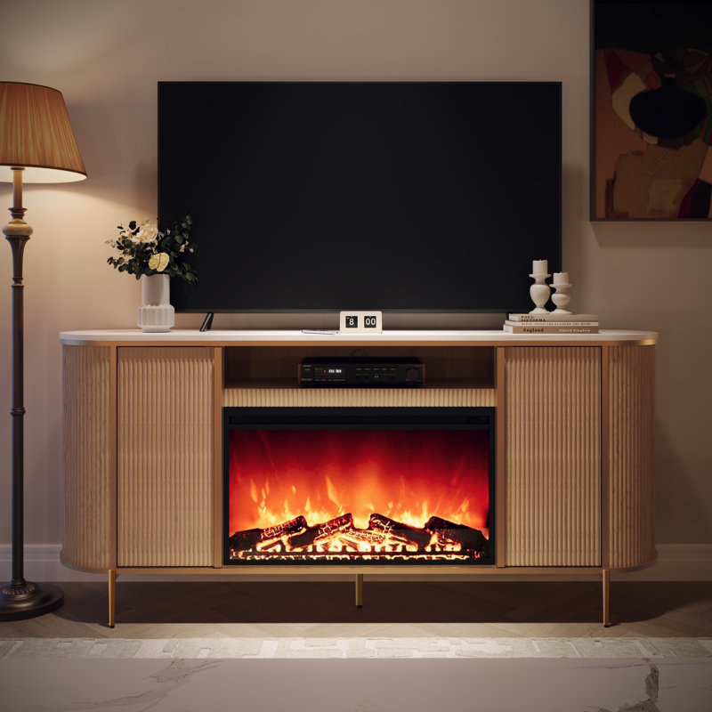 70" Fluted Fireplace Tv Stand - Faux Marble Top Modern Media Console, Natural Oak