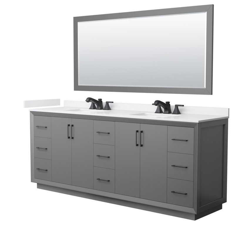 Strada 84" Freestanding Double Bathroom Vanity with Cultured Marble Top, Gray, Matte Black