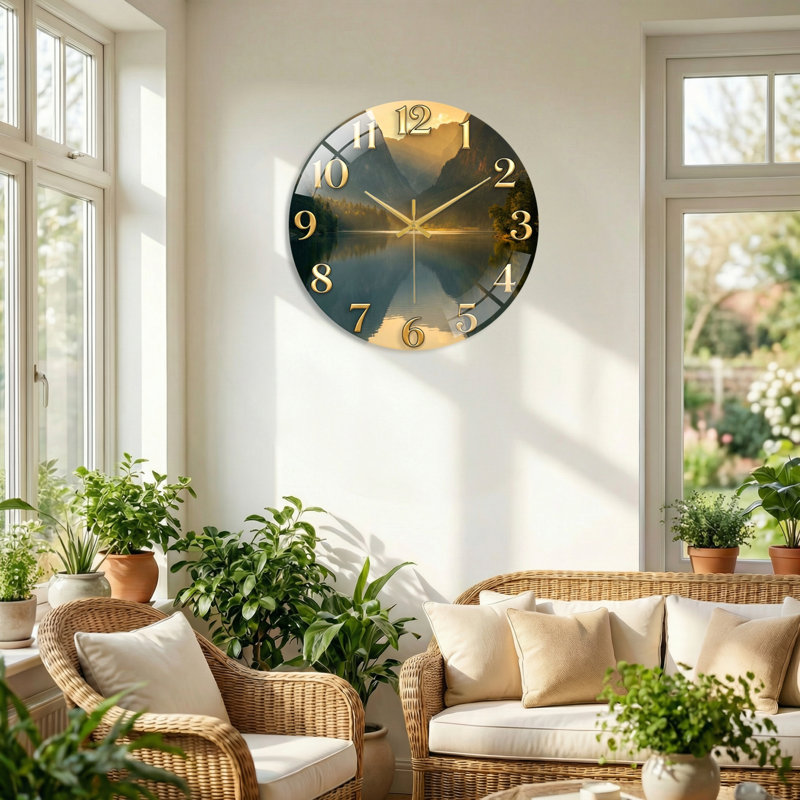 «Mountain Lake», horloge murale en verre, 40 x 40 cm (15,7 x 15,7 pouces)