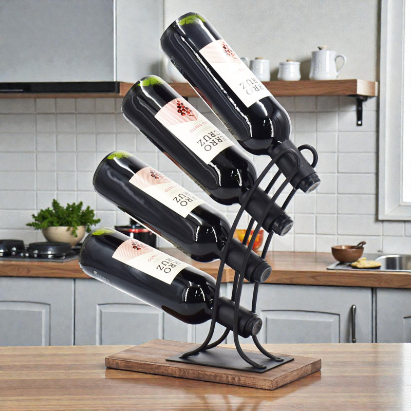 Modern 4 Bottle Tabletop Wine Rack - Black Metal Freestanding Wine Bottle Holder for Kitchen, Dining Room and Bar
