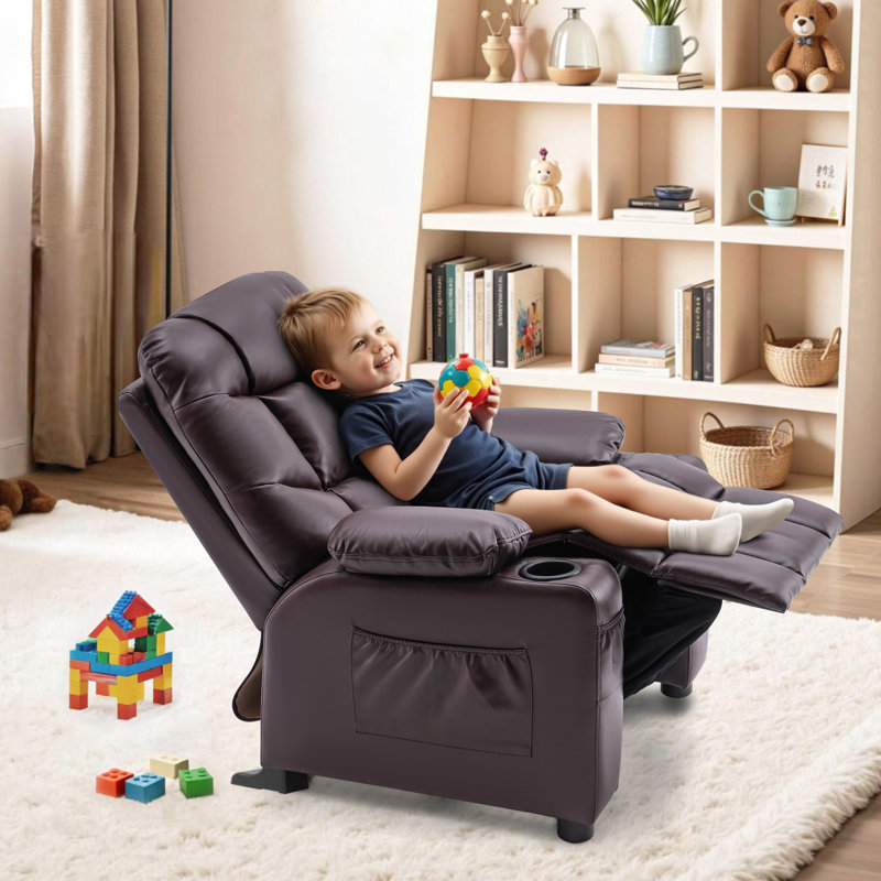 Goggans Kids Recliner with Anti-Tilt, Cup Holder, Dark Brown