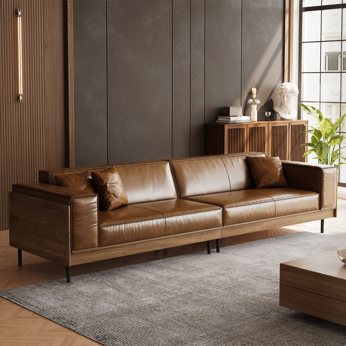 Modern Brown Leather Sofa With Wooden Accents, 4-seater Living Room Couch With 3 Throw Pillows, Mid-century Modern Upholstered Sofa For Home Office