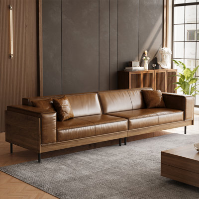 Modern Brown Leather Sofa With Wooden Accents, 4-seater Living Room Couch With 3 Throw Pillows, Mid-century Modern Upholstered Sofa For Home Office by Hokku Designs