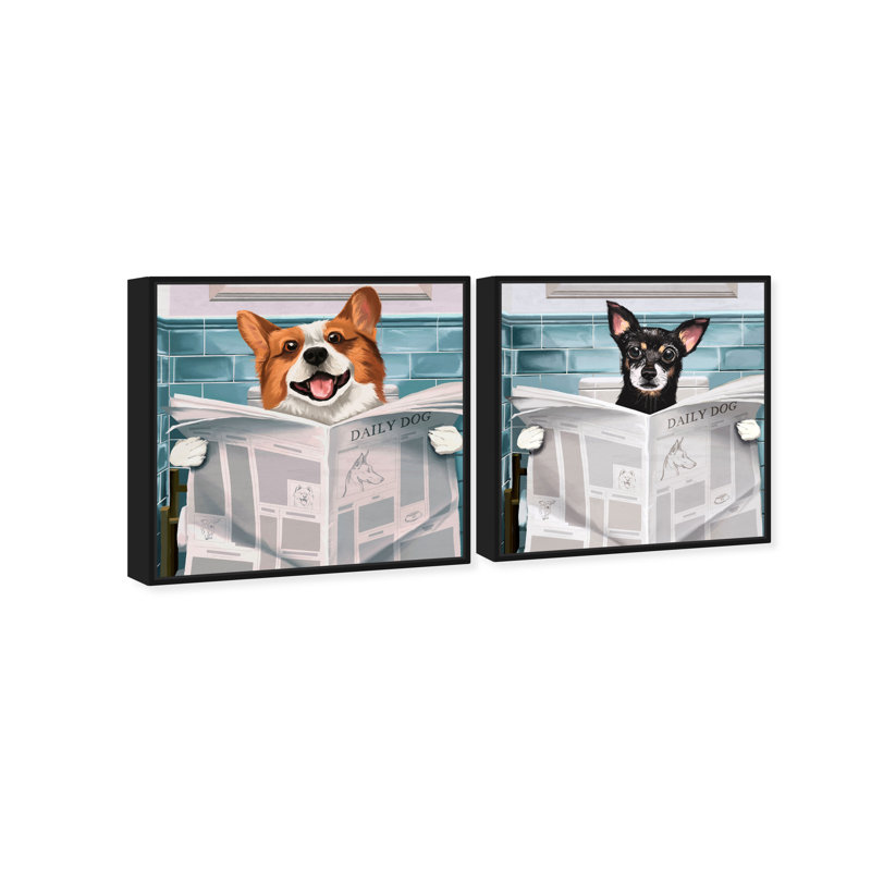 «Occupied Bathroom Set II», ensemble de 2 impressions sur toile, Toile avec cadre flottant noir, H 13 po x l 26 po