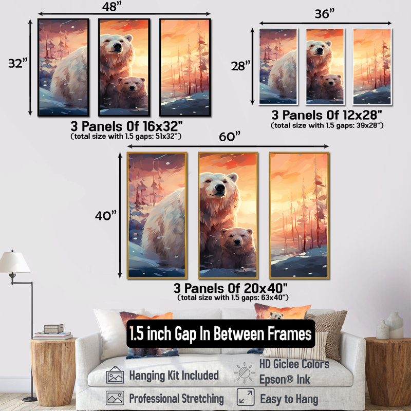 Famille d'ours polaire Starlit en hiver II - ours 2, art mural, H 40 po x l 61 po, Cadre flottant blanc