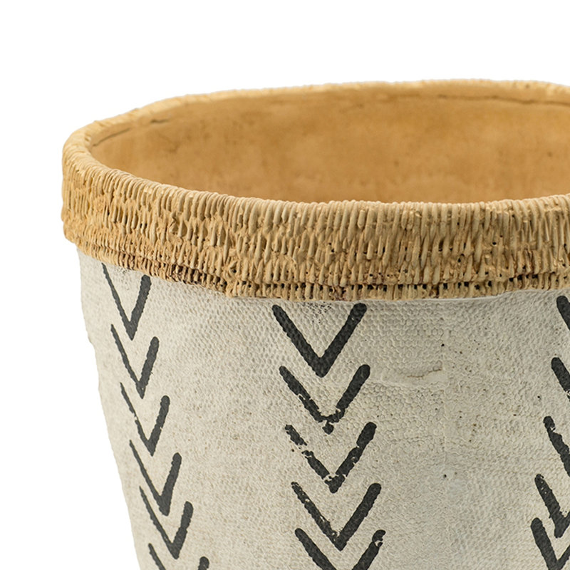 Two White And Brown Cement Planters Adorned With Black V Pattern, L 10X8 Inches, S 8X6.5 Inches - Suit For Modern Eclectic Floral Displays Pair Of Featuring A Bold Great Scandinavian Decor
