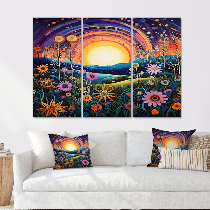 Rainbow Sunset, fleurs printanières colorées - ensemble d'art mural prairie, H 28 po x l 36 po x P 1 po, Toile tendue