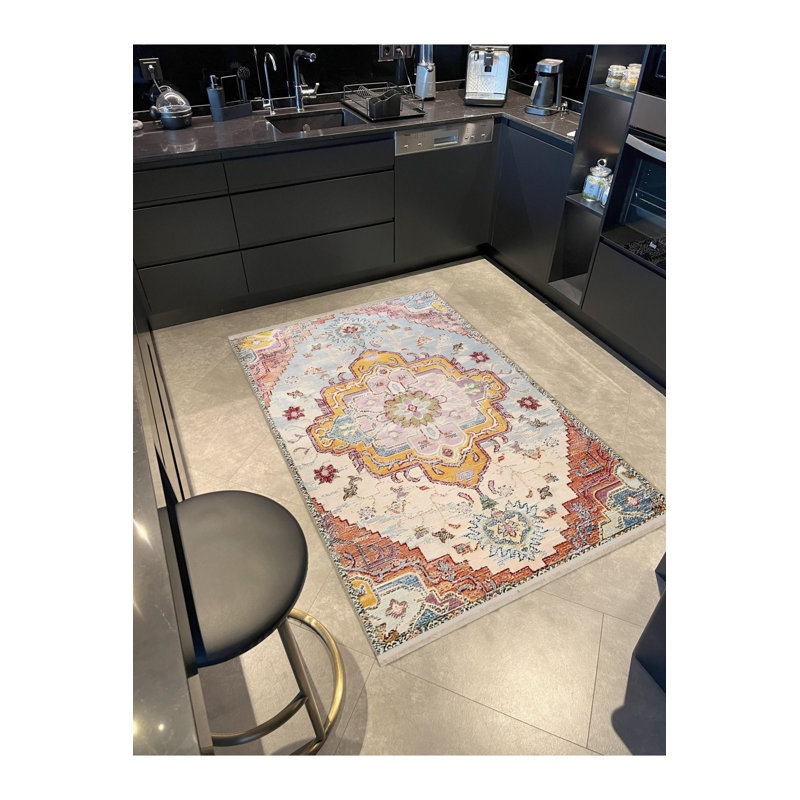 Tapis décoratif bleu et rouge à motif traditionnel lavable à la machine, Sous-tapis rectangulaire de 3 pi 3 po x 4 pi 11 po