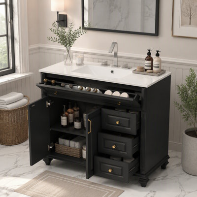 36" Bathroom Vanity with Sink, Black Solid Wood Bathroom Cabinet with Flip Drawer, 3 Drawers & 2 Doors, Elegant Design with Golden Metal Handles, Modern MDF Vanity for Bathroom Storage