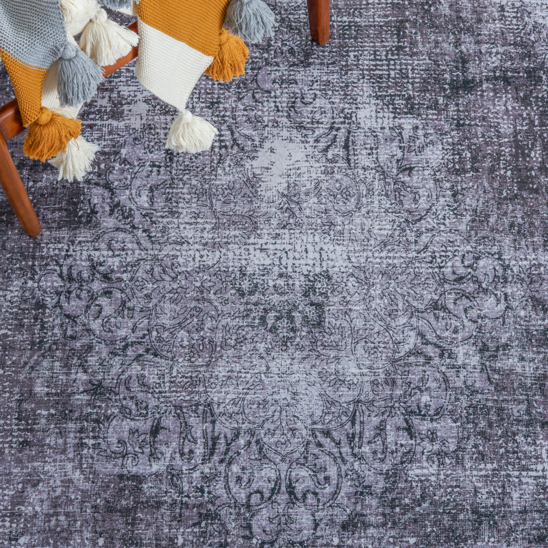 Tucson Vintage Look Machine Washable Non-Slip Area Rug in Black & Grey, Square 183 cm
