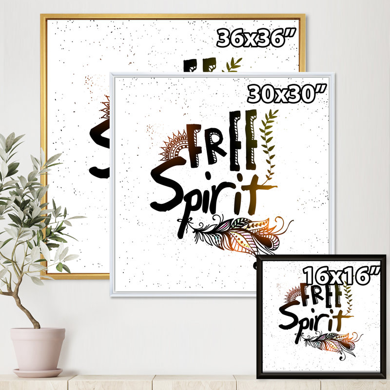 «Ethnic Feather Free Spirit», art textuel sur toile, H 16 po x l 16 po x P 1 po, Toile encadrée d'or