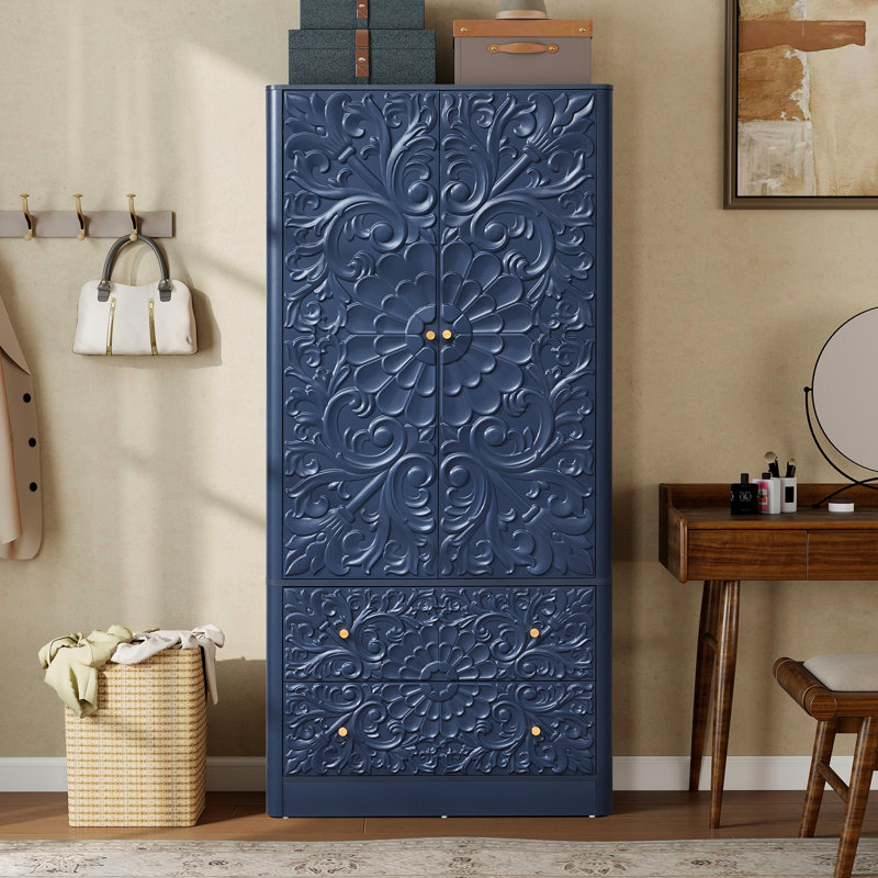 2-Door Embossed  Armoire With 2 Drawers, Blue
