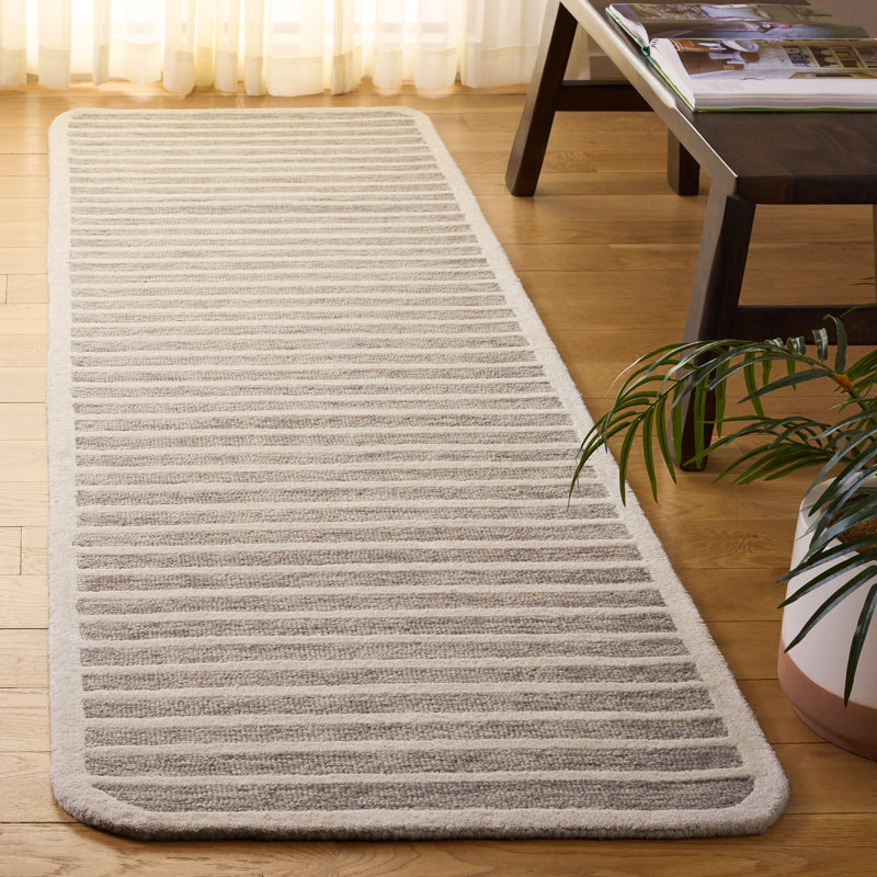Tapis rayé en laine / coton touffeté à la main ébène brun / ivoire, Tapis de couloir 2 pi 3 po x 8 pi