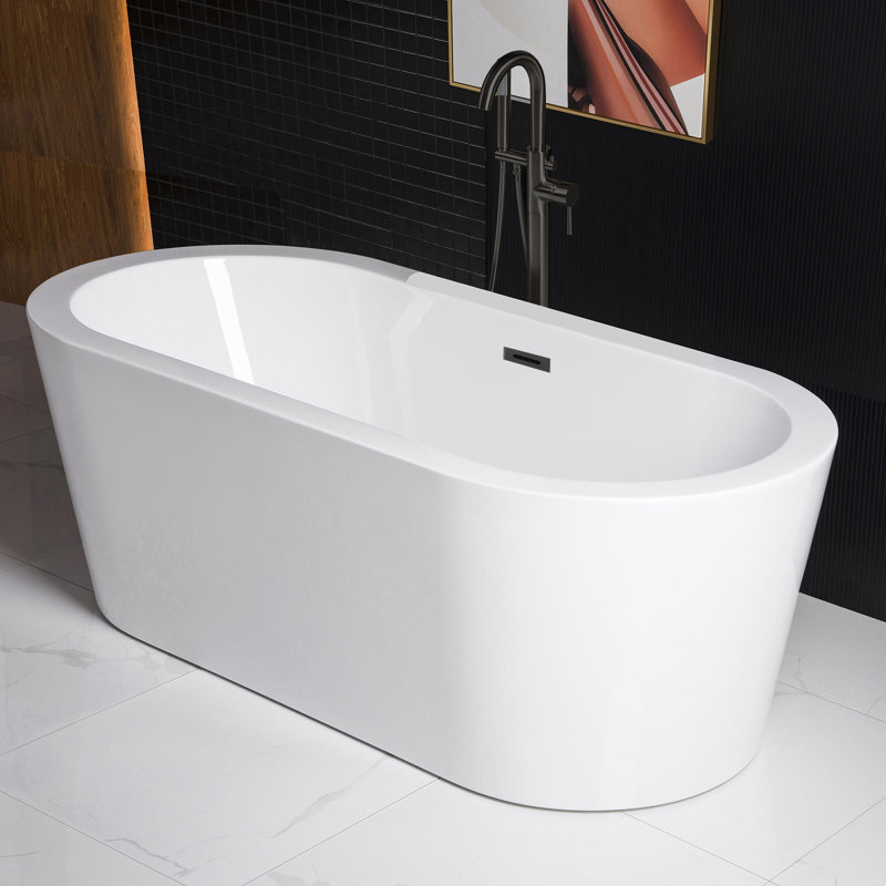 59" x 30" Freestanding Soaking Acrylic Double Ended Bathtub with Wide Rim, Matte Black