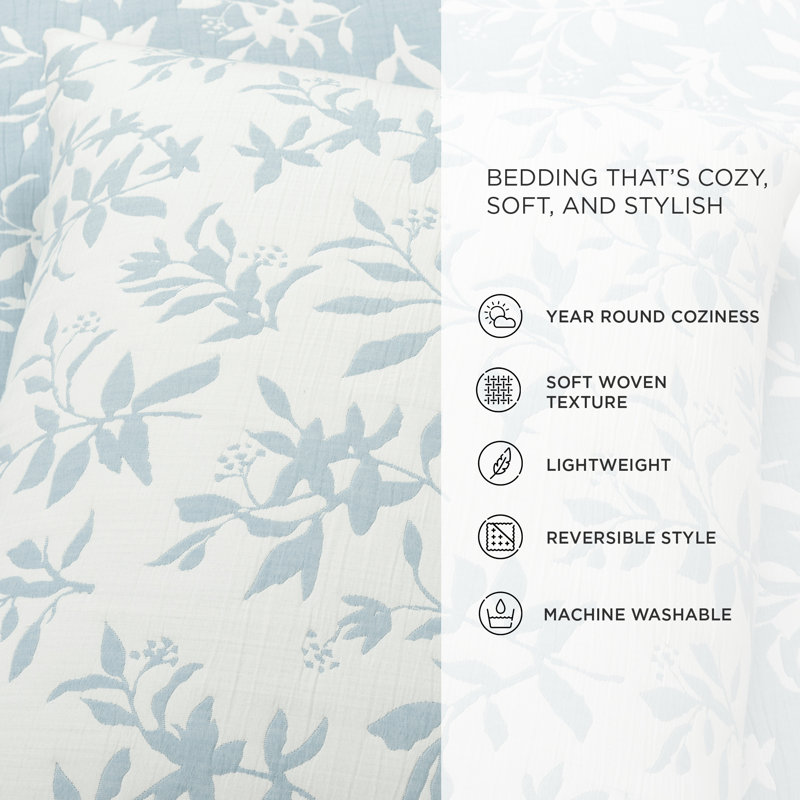 Blue Floral Jacquard Reversible Full/Queen Quilt Set