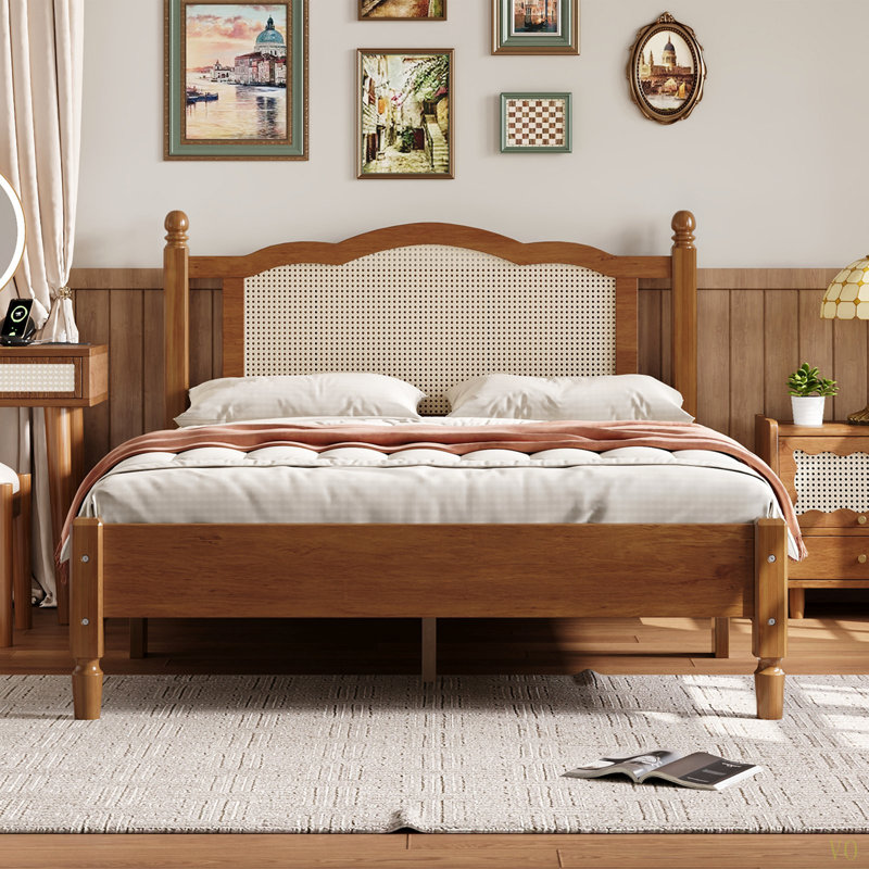 Grand lit plateforme en bois avec tête de lit en rotin, cadre de lit rétro avec support en lattes de bois, Lit double, Walnut