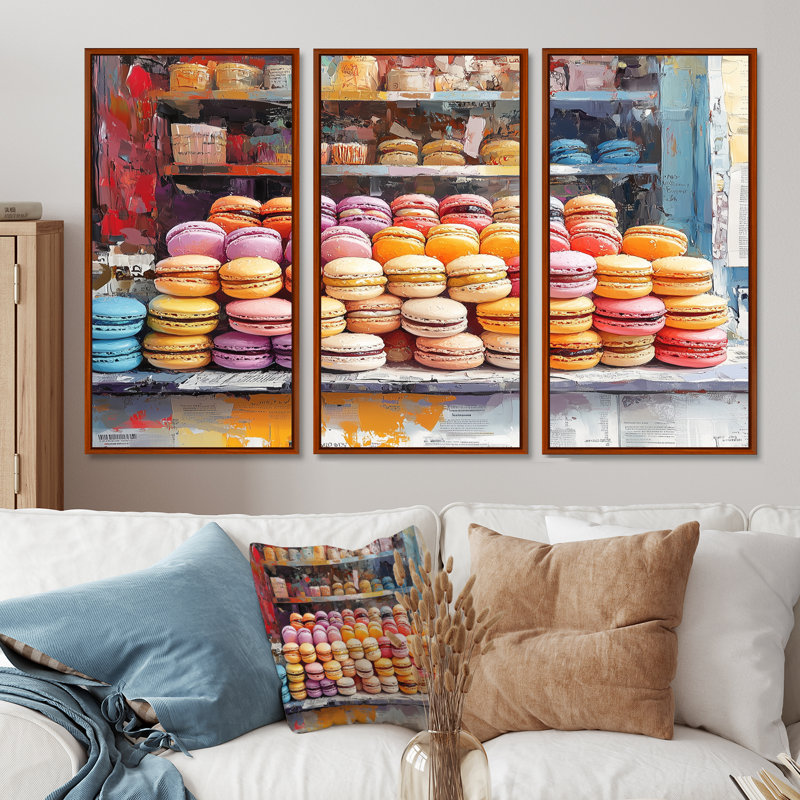 «Yellow and Pink Desserts» Macaron Bar II - Desserts, ensemble d'art mural, Toile avec cadre flottant brun