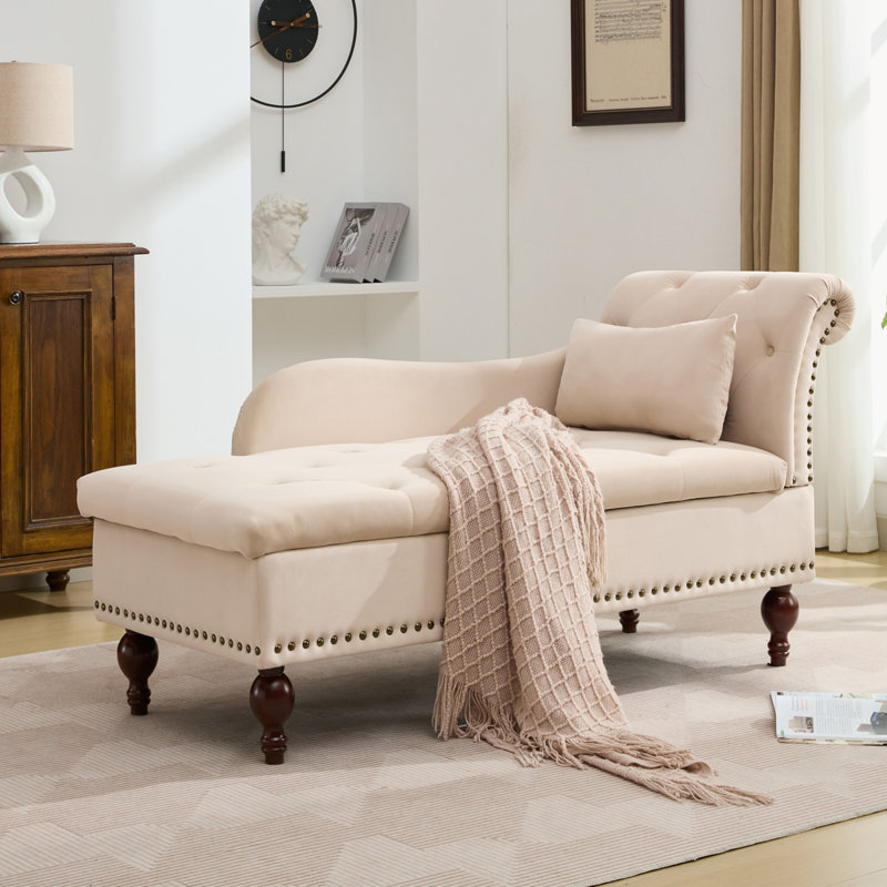 Keshawna Velvet Storage Chaise Lounge, Beige