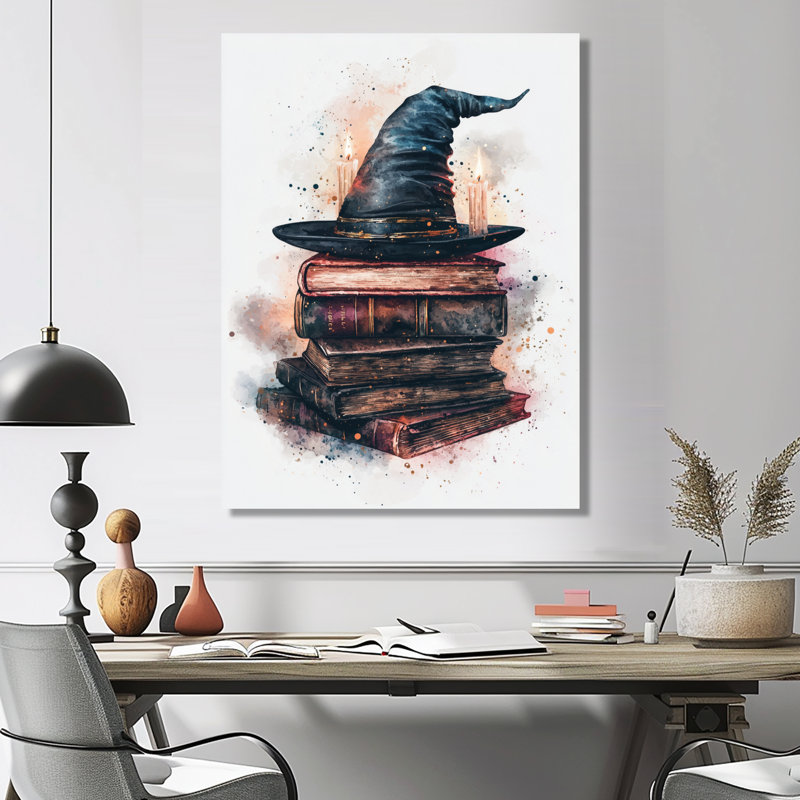 Livres de sorcier et chapeau de magicien I - fantaisie, décor métallique, livres, H 44 po x l 34 po