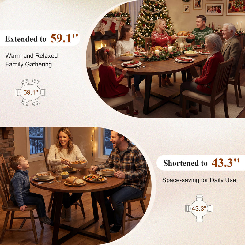 Extendable Dining Table, Oval Dining Table for Kitchen & Dining Room, 43.3''-59'', Walnut, Walnut