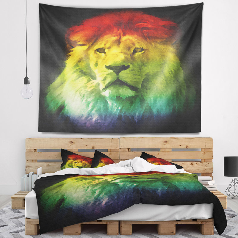 Tapisserie colorée de tête de lion Animal, H 32 po x l 39 po