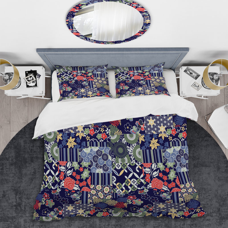 Ensemble de housse de couette à motif patchwork bleu traditionnel, Housse de couette pour très grand lit et 2 très
