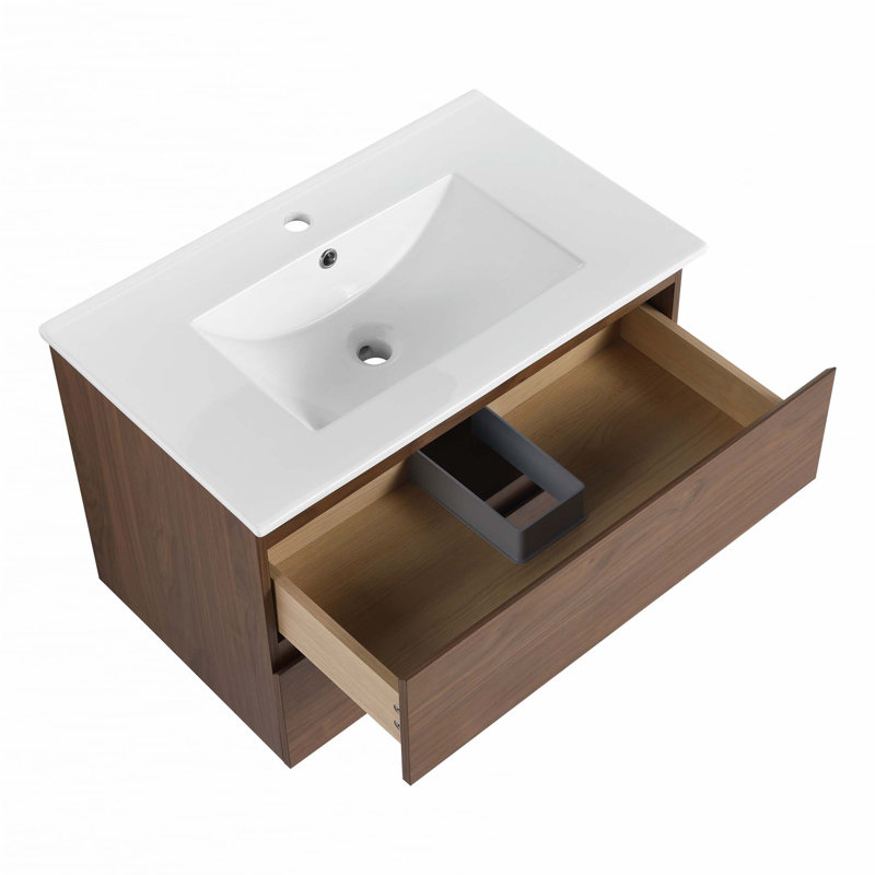 Meuble-lavabo mural avec lavabo en céramique, 30", Blanc, Brun