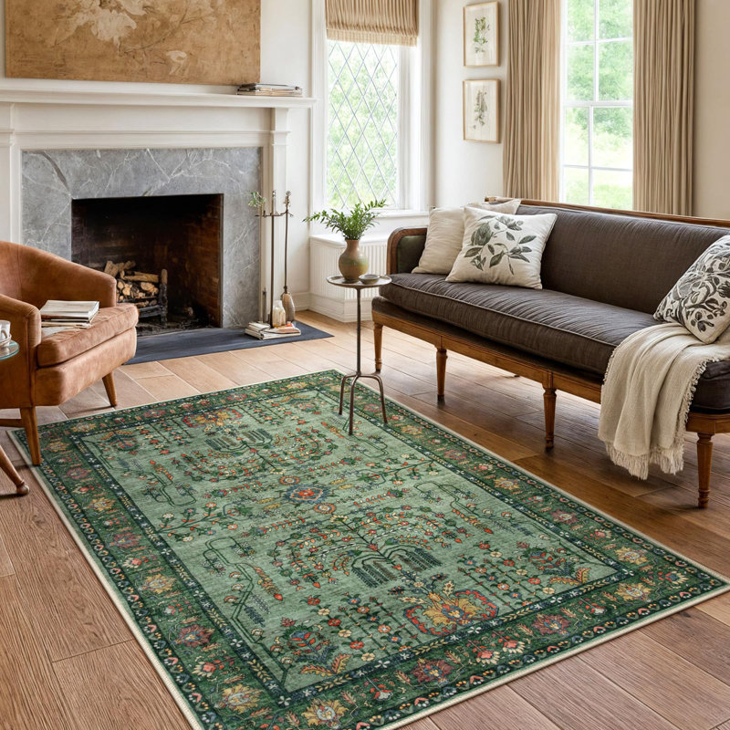  Tapis vert lavable floral Kaldi Vintage 5 x 7 pour salon, tapis oriental à poils courts antidérapant pour tapis de salle à manger d'entrée