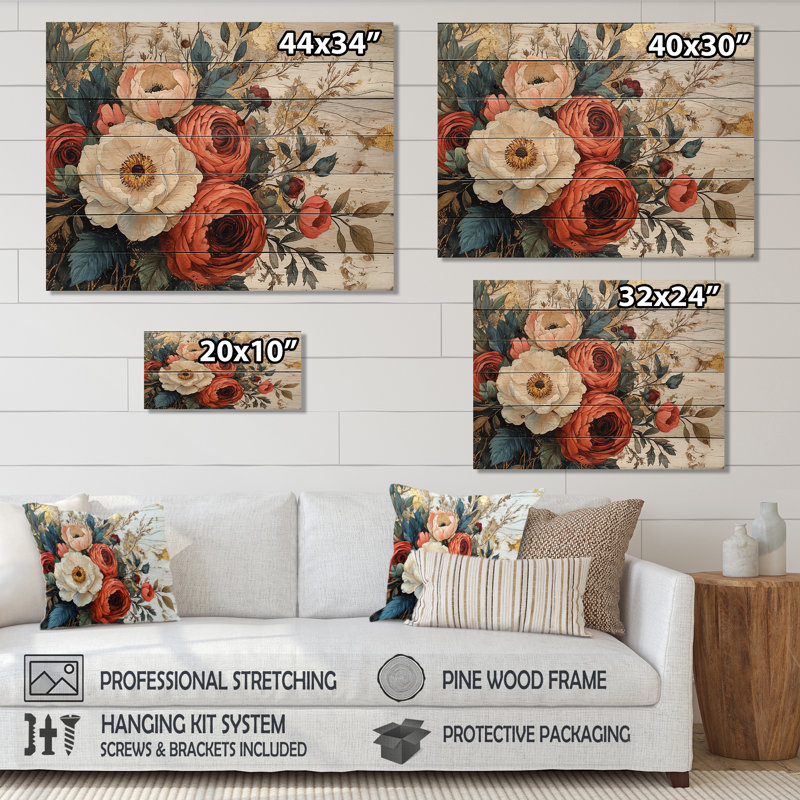 Bouquets d'été assortis de fleurs sur une glissade en bois - Bouquets de bois assortis, H 34 po x l 44 po x P 0,78 po