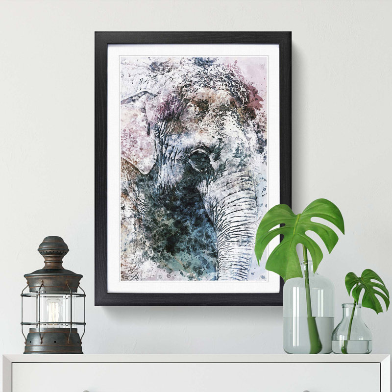 Graceful Elephant Portrait in Abstract - Picture Frame Painting Print, 87cm H x 62cm W x 2cm D, Black Framed