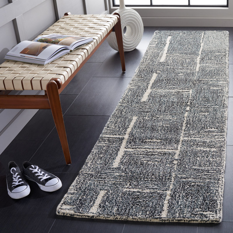 Tapis abstrait en laine et coton touffeté à la main en ivoire / noir Claiborn, Tapis de couloir 2 pi 3 po x 9 pi