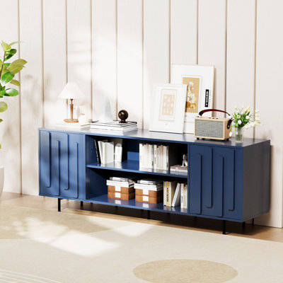 Meuble télé de 59 po de largeur pour téléviseur de 65 po ou moins - tablettes réglables, élégantes poignées en bois surélevé, console de divertissement moderne de style Mid-Century pour le salon, capacité de 150 lb