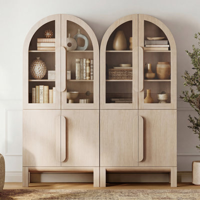 71"H Arched Bookshelf Set Of 2, Modern 5 Tier Bookcase With Cabinet, Wooden Display Cabinet With Glass Doors And Adjustable Shelves, Versatile Bookshelf For Living Room, Study, Office