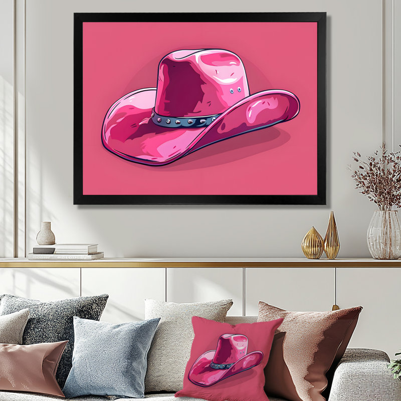 Décoration murale chapeau de cowboy rose, H 12 po x l 20 po x P 1 po, Toile encadrée noire simple