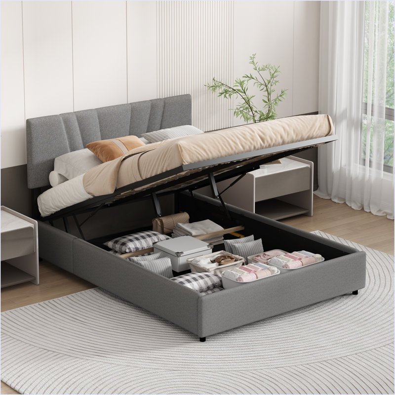 Lit plateforme tapissier avec rangement relevable, Gris, Lit double