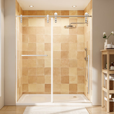 56" - 60" W x 75" H Single Sliding Frameless Shower Door with 5/16" (8mm) Glass with Explosion-Proof Film , Stainless Steel Handle Chrome
