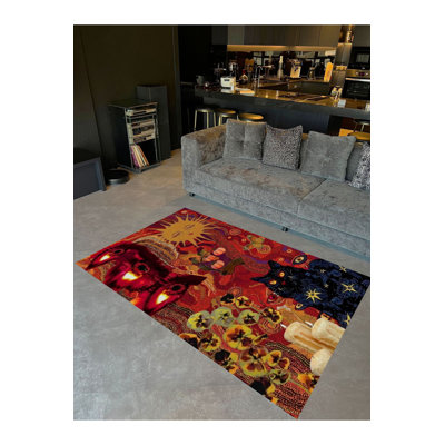 Machine Washable Sun Collection Candles Cat and Sun Patterned Woven Base Modern Decorative Area Rug
