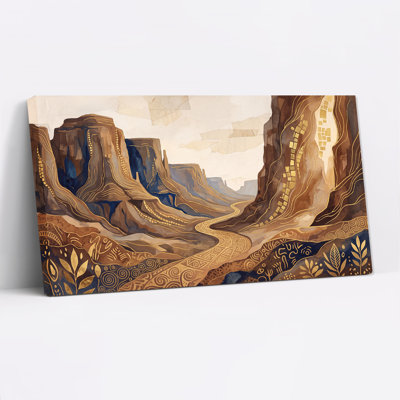 Tableau sur toile représentant un paysage de canyon désertique avec des motifs dorés et des ombres bleues