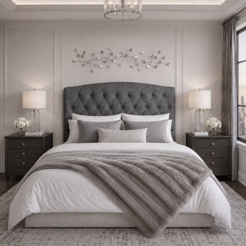 Camelback Diamond Tufted Upholstered Panel Headboard, King, Mossy Gray