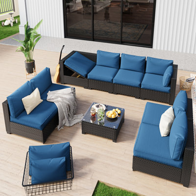  𝗣𝗿𝗲- 𝗮𝘀𝘀𝗲𝗺𝗯𝗹𝗲𝗱 𝗖𝗵𝗮𝗶𝗿𝘀, Canapé modulaire d'extérieur en rotin pour 8 personnes avec coussins épais