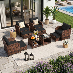 4-person Outdoor Wicker Patio Conversation Set, Modular Sectional Seating Group With Ottomans And Tempered Glass Coffee Table, Weather-resistant All-weather Furniture Set For Backyard Deck Poolside