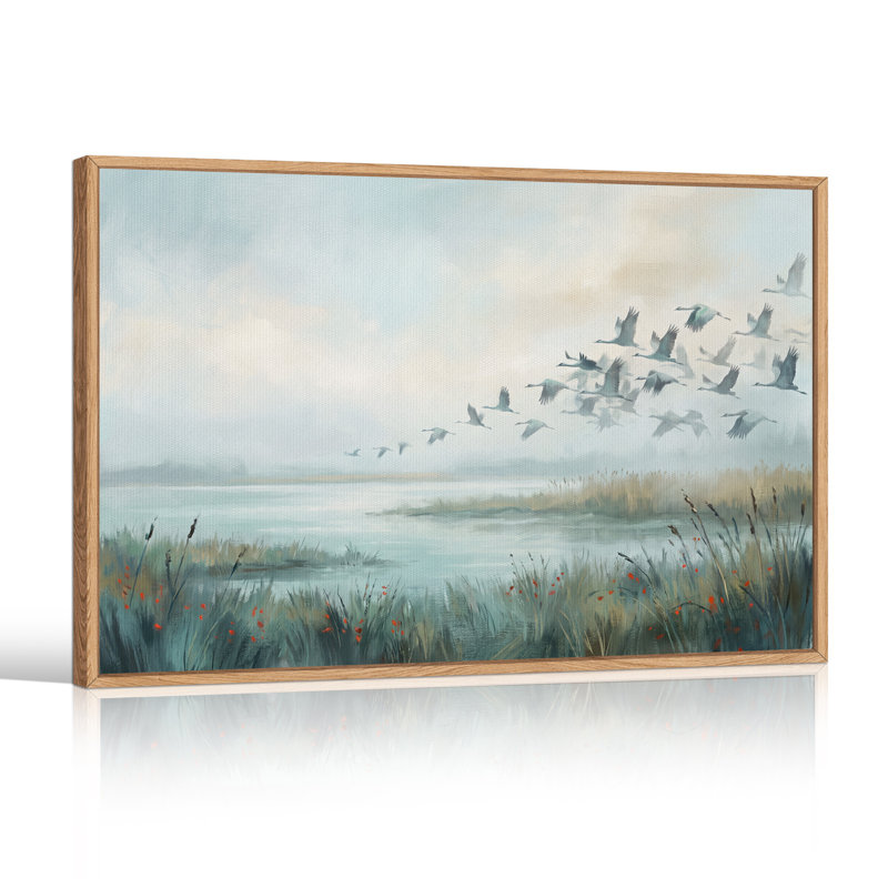 Vol d'oiseaux survolant un marais brumeux - Toile murale d'Halloween, 36"H x 48"W